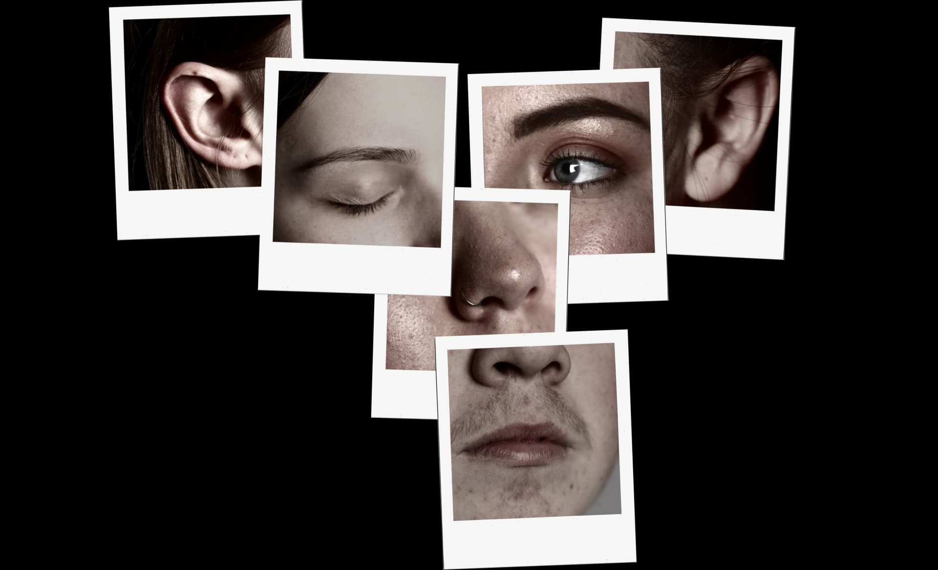 A collection of six instant photographs is arranged on a gray background, each capturing a different close-up detail of a person's face. In the top left, a detailed view of an ear is shown. To its right, another photograph displays a closed eye and eyebrow. The central image features an open eye looking slightly upward, along with a portion of the nose and a nose ring. To the right of the central image, another ear is visible. Below the central image, a photograph focuses on the tip of the nose with a ring and a hint of the upper lip. Finally, in the bottom center, a photograph captures a mouth with a mustache and some stubble. The arrangement creates a fragmented portrait, inviting the viewer to piece together the individual.