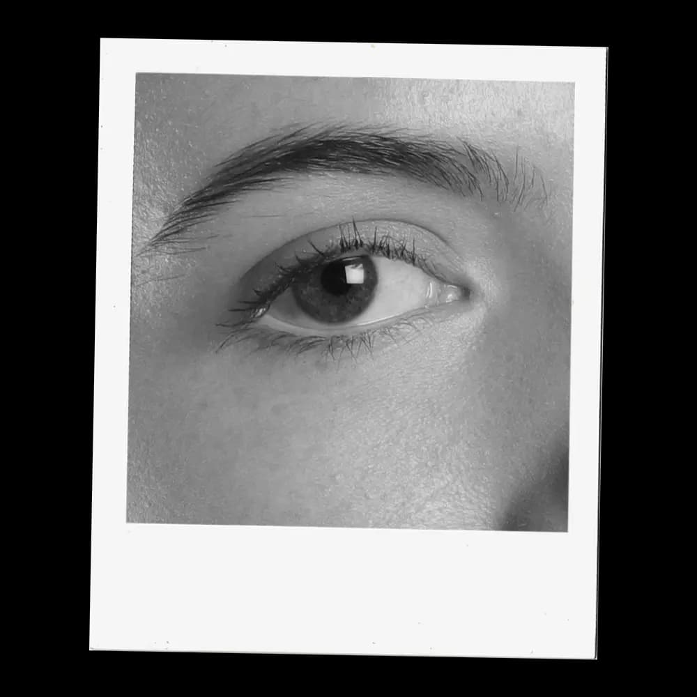 A close-up, black and white photograph captures the intricate details of a human eye. The iris, a mesmerizing mix of light and dark tones, surrounds a dark pupil, reflecting subtle highlights. Delicate eyelashes frame the lower eyelid, while the upper lid is partially visible, casting a soft shadow. Above the eye, a well-defined eyebrow adds structure to the face. The surrounding skin shows fine texture and subtle shading, emphasizing the eye as the focal point.