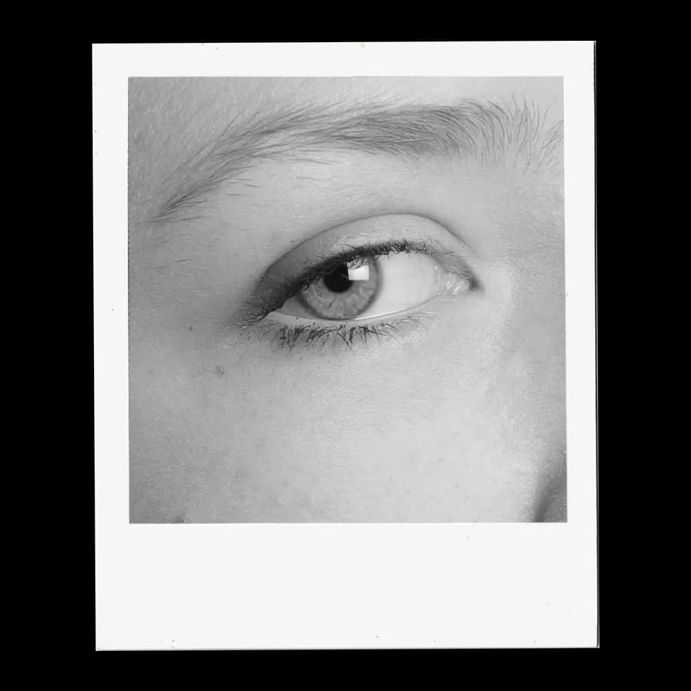 A close-up, black and white photograph captures the intricate details of a human eye. The iris, a mesmerizing mix of light and dark tones, surrounds a dark pupil, reflecting subtle highlights. Delicate eyelashes frame the lower eyelid, while the upper lid is partially visible, casting a soft shadow. Above the eye, a well-defined eyebrow adds structure to the face. The surrounding skin shows fine texture and subtle shading, emphasizing the eye as the focal point.