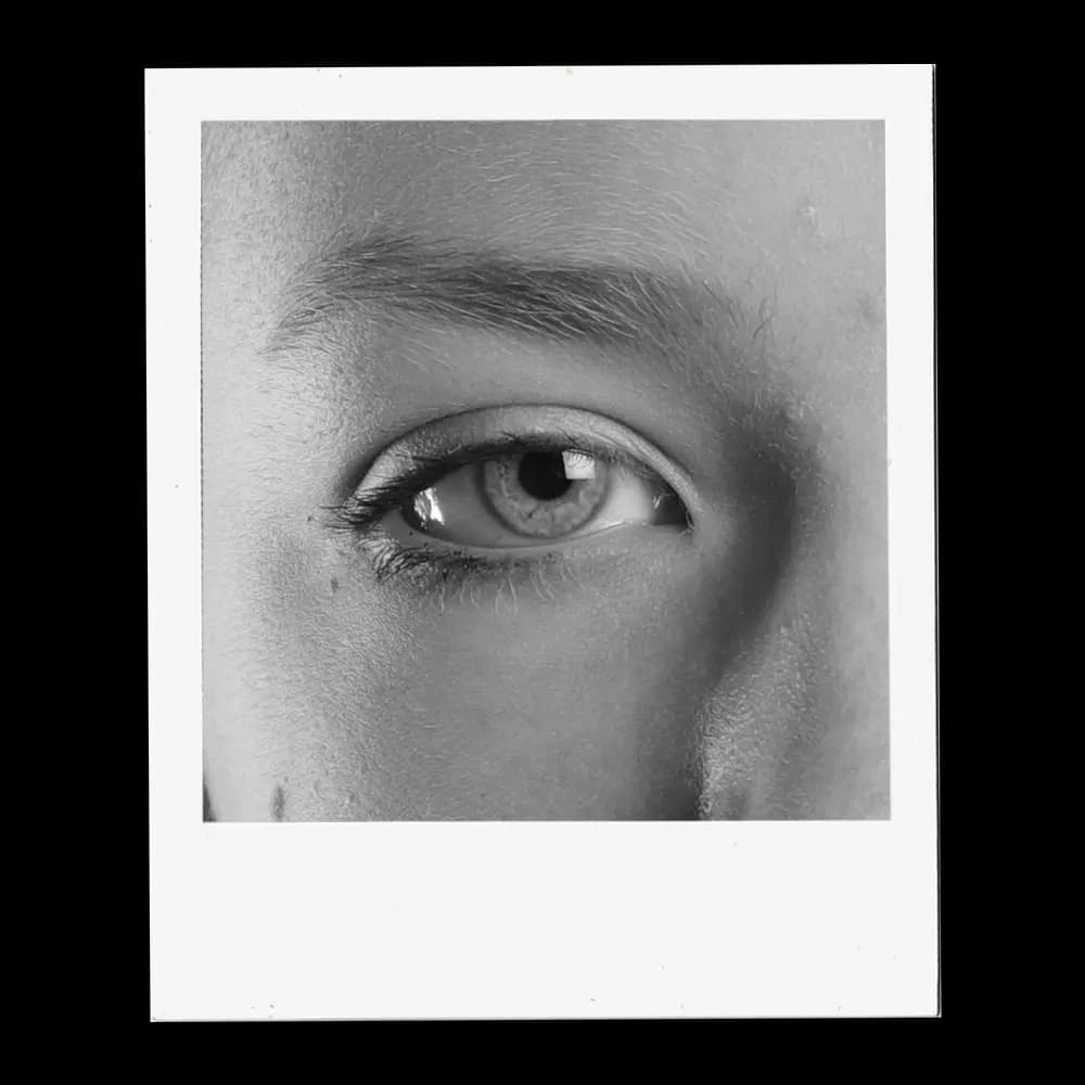 A close-up, black and white photograph captures the intricate details of a human eye. The iris, a mesmerizing mix of light and dark tones, surrounds a dark pupil, reflecting subtle highlights. Delicate eyelashes frame the lower eyelid, while the upper lid is partially visible, casting a soft shadow. Above the eye, a well-defined eyebrow adds structure to the face. The surrounding skin shows fine texture and subtle shading, emphasizing the eye as the focal point.