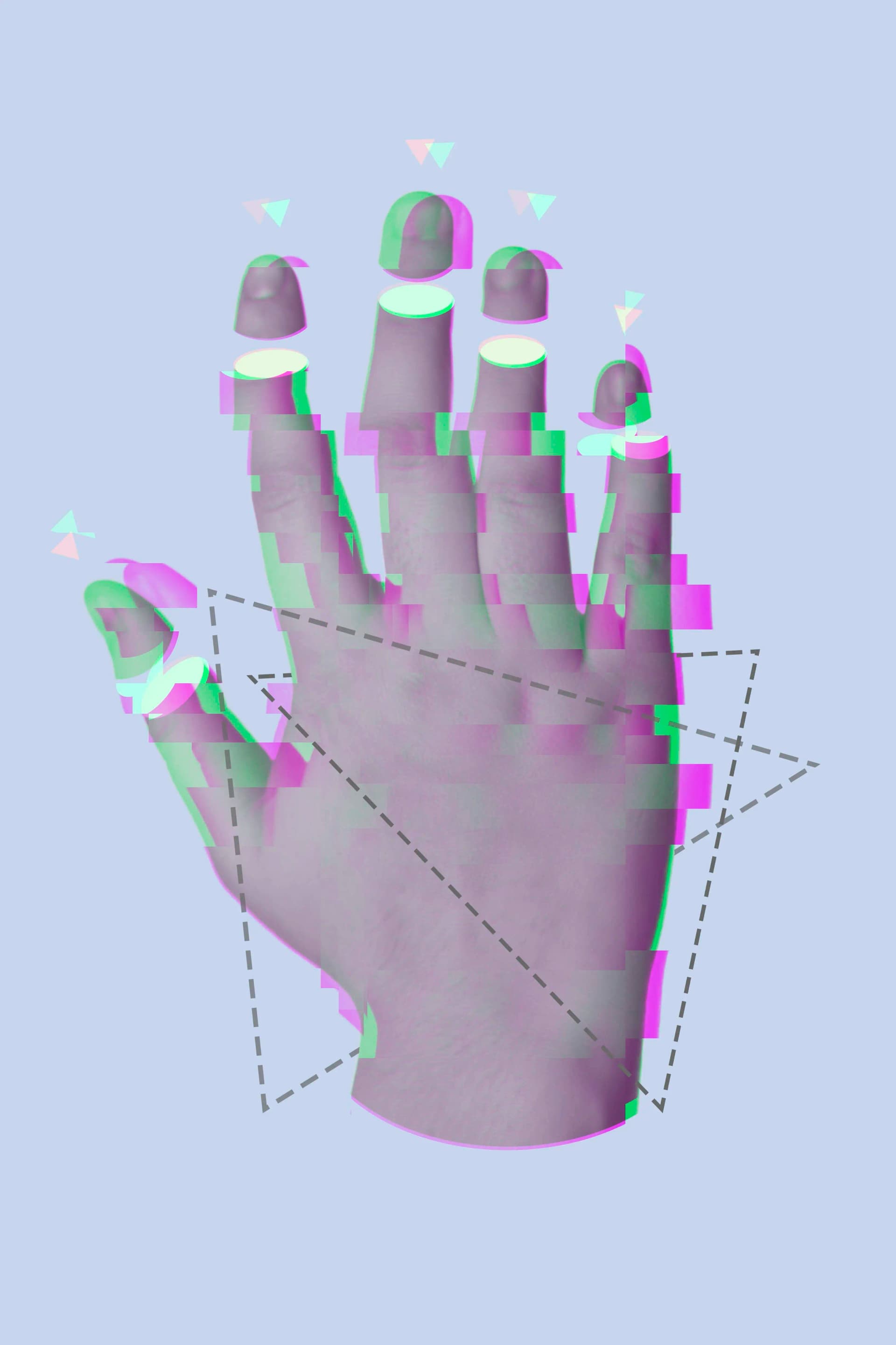 A digitally glitched hand with fingers spread, shown against a light blue background. The hand appears fragmented and overlaid with magenta and green hues. Dotted triangular shapes and floating colorful arrowheads add a surreal, cyberpunk feel.