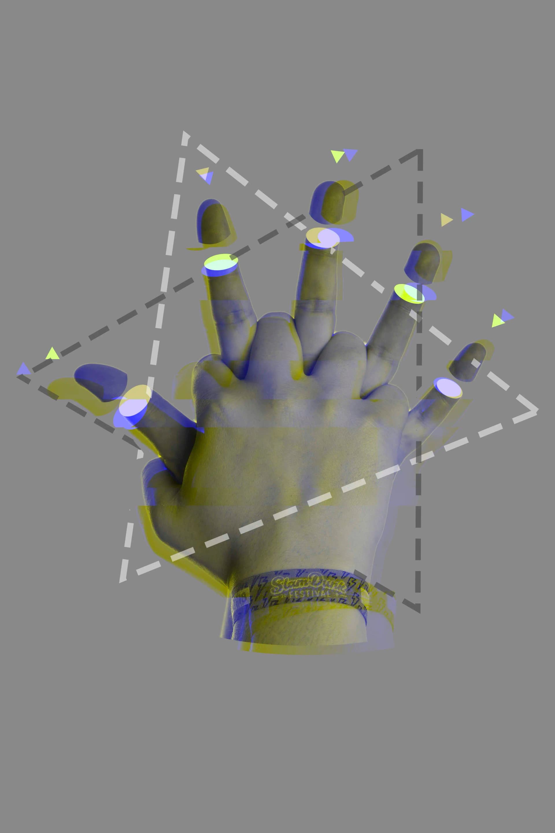 A glitched hand with fingers extended, viewed from above. The image features a grey background with a yellow and blue color overlay. A wristband reading Slam Dunk Festival is visible. Dashed geometric shapes intersect the hand, enhancing the distorted digital art style.