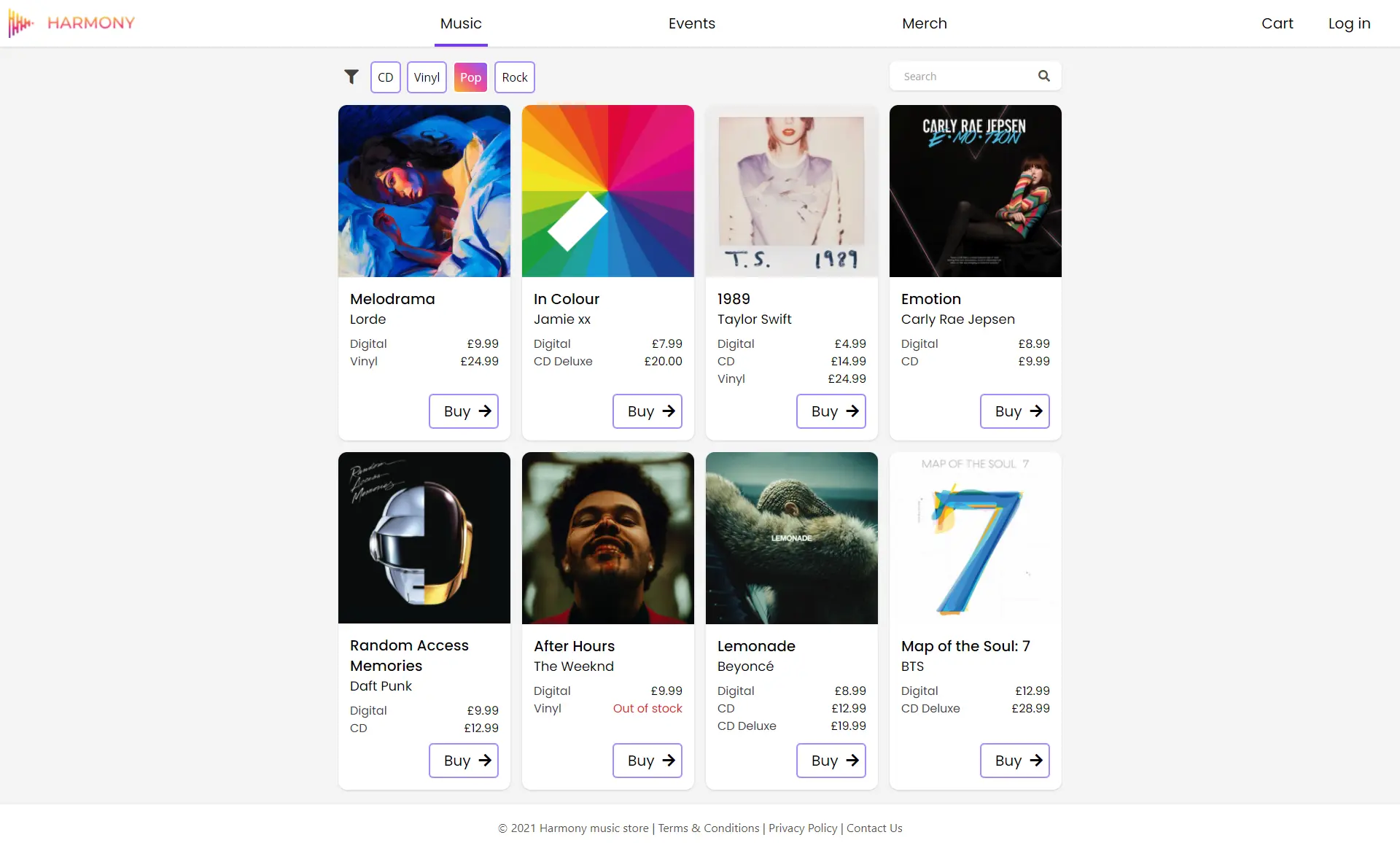 Webpage capture of the Harmony online music store. The main content area shows a grid of album listings with cover art, artist names (e.g., Lorde, Jamie xx, Taylor Swift), album titles (e.g., Melodrama, In Colour, 1989, Emotion), available formats (Digital, CD, Vinyl), prices in British Pounds (£), and a 'Buy' button. Filter options for 'Vinyl', 'Tap', and 'Rock' are visible at the top left, along with a search bar. The website header includes links for 'Music', 'Events', 'Merch', 'Cart', and 'Log in'.