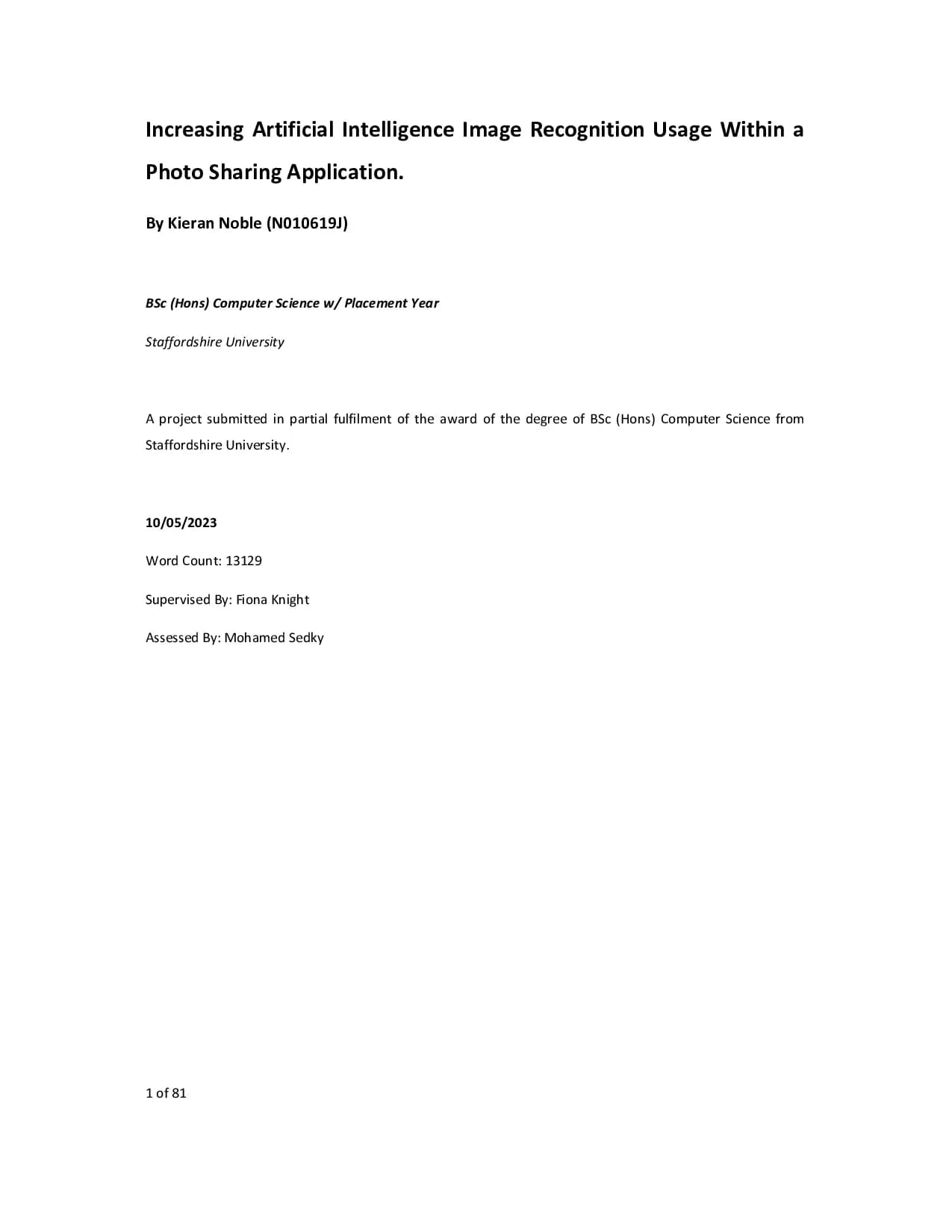 Dissertation Report Cover Page