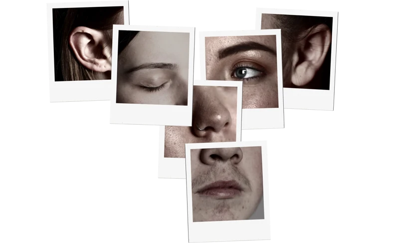 A collection of six instant photographs is arranged on a gray background, each capturing a different close-up detail of a person's face. In the top left, a detailed view of an ear is shown. To its right, another photograph displays a closed eye and eyebrow. The central image features an open eye looking slightly upward, along with a portion of the nose and a nose ring. To the right of the central image, another ear is visible. Below the central image, a photograph focuses on the tip of the nose with a ring and a hint of the upper lip. Finally, in the bottom center, a photograph captures a mouth with a mustache and some stubble. The arrangement creates a fragmented portrait, inviting the viewer to piece together the individual. A collection of six instant photographs is arranged on a gray background, each capturing a different close-up detail of a person's face. In the top left, a detailed view of an ear is shown. To its right, another photograph displays a closed eye and eyebrow. The central image features an open eye looking slightly upward, along with a portion of the nose and a nose ring. To the right of the central image, another ear is visible. Below the central image, a photograph focuses on the tip of the nose with a ring and a hint of the upper lip. Finally, in the bottom center, a photograph captures a mouth with a mustache and some stubble. The arrangement creates a fragmented portrait, inviting the viewer to piece together the individual.